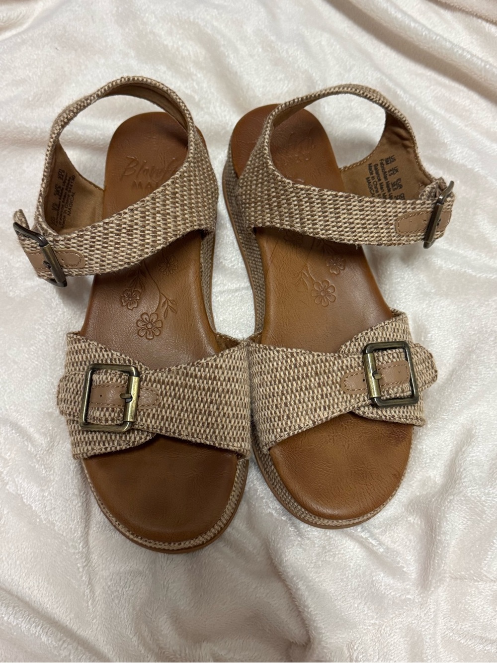 Woven Buckle Ankle-Strap Sandals in Light Tan